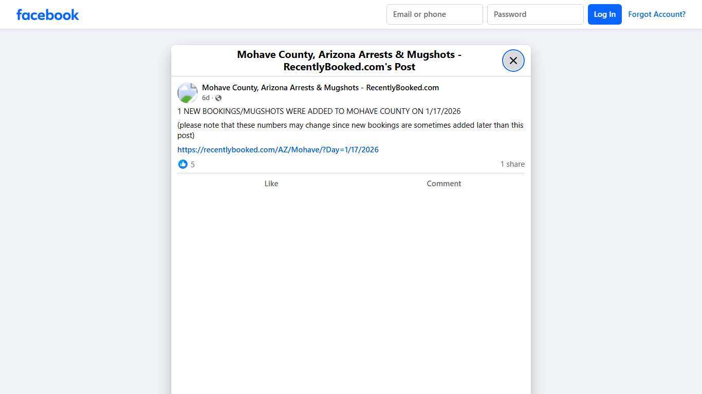 1 NEW BOOKINGS/MUGSHOTS WERE ADDED TO MOHAVE COUNTY ON 1/17/2026 (please note that these numbers may change since new bookings are sometimes added later than this post)... - Mohave County, Arizona Arrests & Mugshots - RecentlyBooked.com Facebook